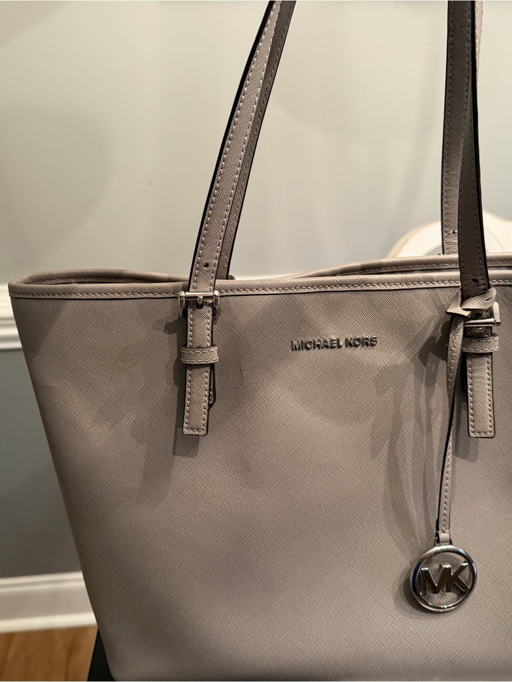 Michael Kors Saffiano Leather Shoulder Tote in Light Taupe
